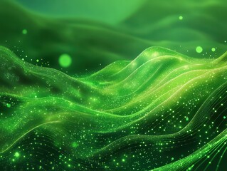 An abstract representation of carbon credits as a digital currency flowing through a vibrant green landscape