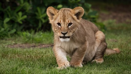 Obraz premium Lion cub a captivating photo an adorable lion cub in a warm.