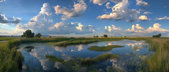 Serene Morning Bliss: Tranquil Landscape with Puffy Clouds and Soft Light