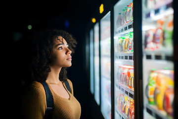 A woman standing thoughtfully in front of a vending machine, choosing a snack