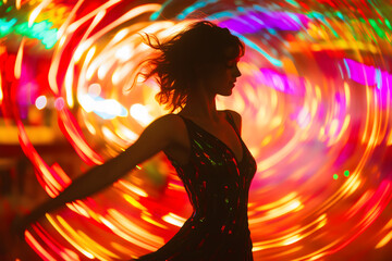 A woman dancing in a swirl of colorful light trails, creating a vibrant motion effect