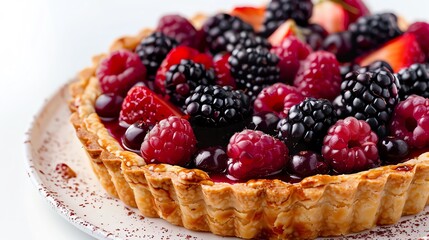 Fruit tart with a colorful assortment of berries, closeup, isolated on white, vibrant and appetizing
