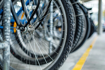 Fototapeta premium Close-up of a bicycle tire in a bike rack