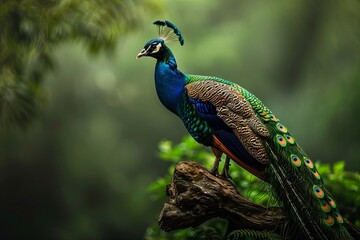 Obraz premium A vibrant peacock perches on a weathered branch in a lush green forest.