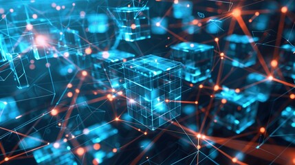 Fototapeta premium Abstract Network of Glowing Cubes and Lines in Blue and Orange