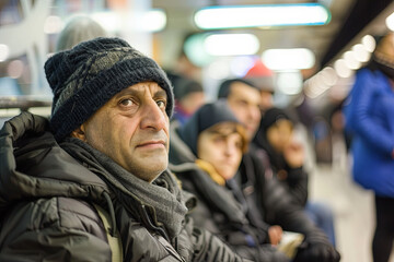 Fototapeta premium Immigrants sitting and waiting at a train station