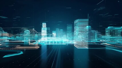 A digital representation of a futuristic city skyline illuminated in blue, showcasing towering buildings and water reflections.