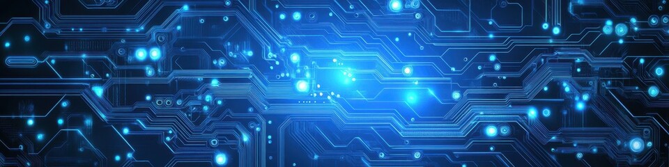 Innovative circuit board design with digital lines and electrical connections on a blue technology panorama background