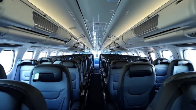 The interior of a modern airplane cabin is mostly empty, featuring rows of black seating illuminated by natural light coming through the windows