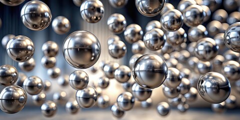 Silver metal balls floating in mid-air with a blurry depth of field background, metallic, shiny, chrome, floating
