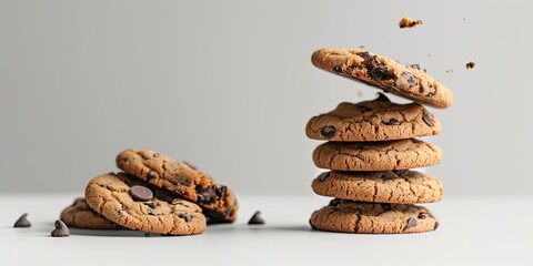 Delicious chocolate chip cookies falling and stacked on a white background.