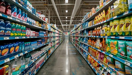 Stocked Supermarket Aisles Filled with Products for Shoppers
