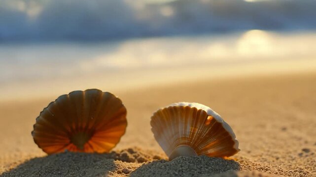 Two beautifully shaped seashells are nestled in soft sand, with gentle ocean waves shimmering in the background at sunset