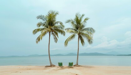 Fototapeta premium Two Palm Trees Frame Beach Chairs on a Sandy Shore.
