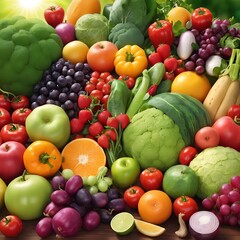 Different fresh fruits and vegetables flat lay on table top, fruits and vegetables collection food background