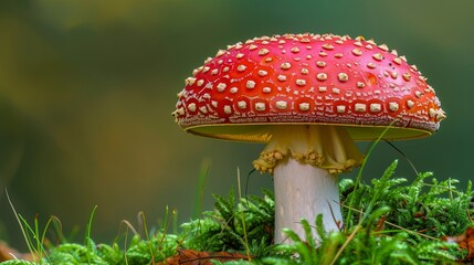 Single red mushroom with white spots growing in moss.