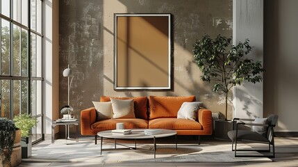 Minimalist Living Room with Orange Sofa and Large Window