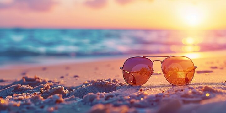 Sunglasses resting on a golden sandy beach