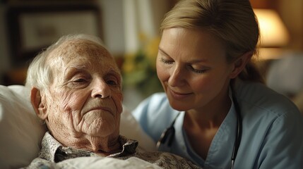 A dedicated healthcare worker provides wound care to an elderly man in a home environment, emphasizing the personal touch of in-home medical services. The caregiver focused expression and gentle