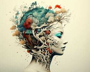 Surreal female portrait with a tree-like structure and vibrant foliage growing from the head, illustrating a blend of nature and human elements