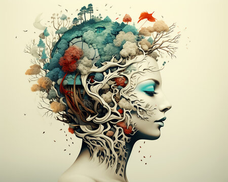Surreal female portrait with a tree-like structure and vibrant foliage growing from the head, illustrating a blend of nature and human elements