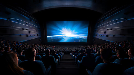 A movie theater with people watching a film on a big screen