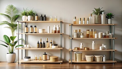 Aesthetic, high-end still life of shelves with minimal luxury beauty and skin care products , skincare, beauty, luxury