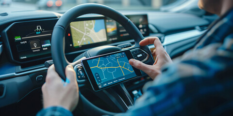 Man driving a electric car with GPS navigation