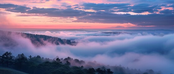 Enchanting Dawn: Fog and Clouds Embrace in Ethereal Union