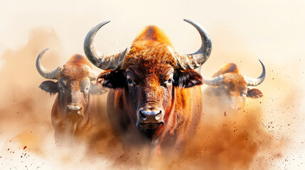 watercolor illustration of a buffalo herd in the wild,