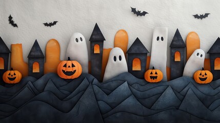 whimsical spooky town with ghosts and pumpkins, watercolor boho drawing,