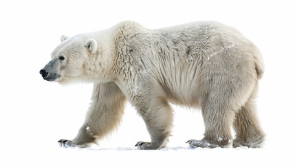 Fototapeta premium A majestic polar bear gracefully walking across the snowy landscape, showcasing its stunning white fur and powerful physique.