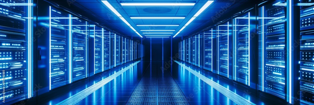 Poster a high-tech data center corridor illuminated by blue led lights, housing advanced servers and networ
