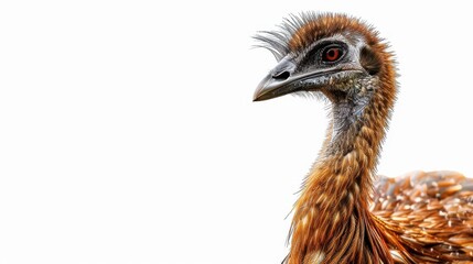 A close-up of a beautifully textured bird with striking features and vibrant plumage, set against a clean white background.