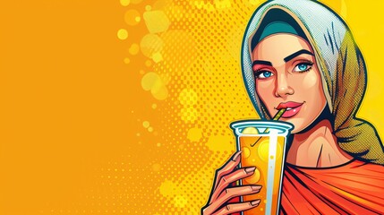 Pop Art Illustration of a Woman Drinking a Beverage