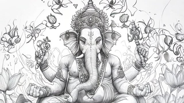 Detailed pencil drawings of Lord Ganesha, showcasing his serene expression and intricate adornments.