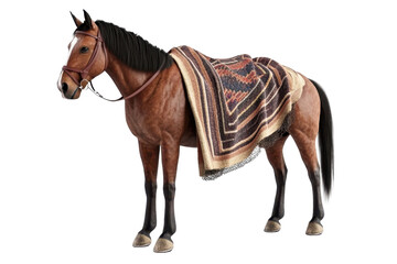 Brown horse with a decorative blanket standing alone on transparent background. Majestic and calm posture, detailed harness and saddle.