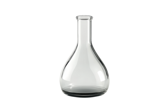 Clear and empty round-bottom laboratory flask with a narrow neck, isolated on a transparent background. perfect for science and research themes.