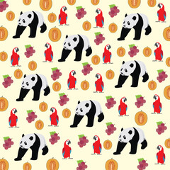 Obraz premium cute panda, parrot with grape and cantaloupe as a pattern background