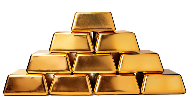 front view of stack of gold bars isolated on white background