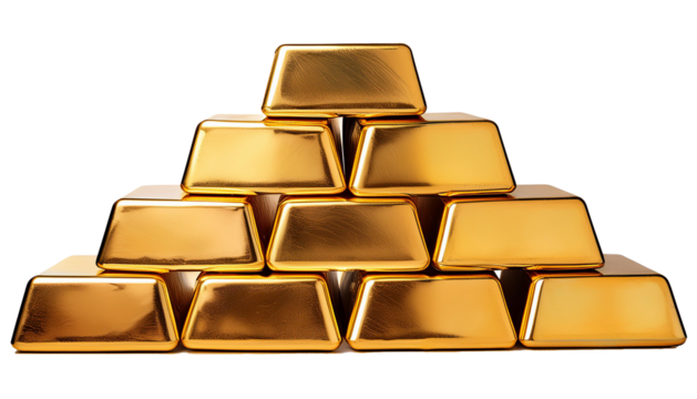 front view of stack of gold bars isolated on white background