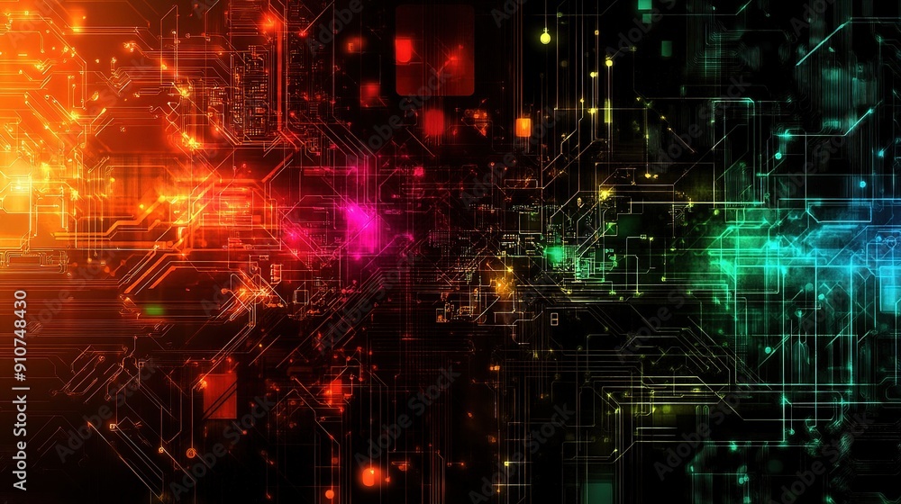 Poster digital symphony: a kaleidoscope of vibrant colors dances across a complex network of circuitry, emb