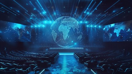Global Conference Stage with World Map and Empty Seats