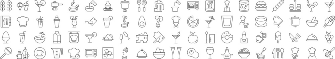 Collection of Line Icons of cooking, food, drinks, kitchen. Suitable for books, stores, shops. Editable stroke in minimalistic outline style. Symbol for design