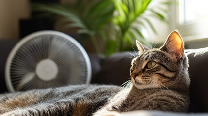 Domestic cat sitting in front of fan on living room during summer heat