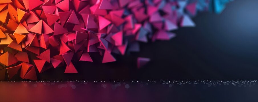 A cluster of gradient triangles on a dark surface, forming a striking and colorful abstract pattern with depth and texture.