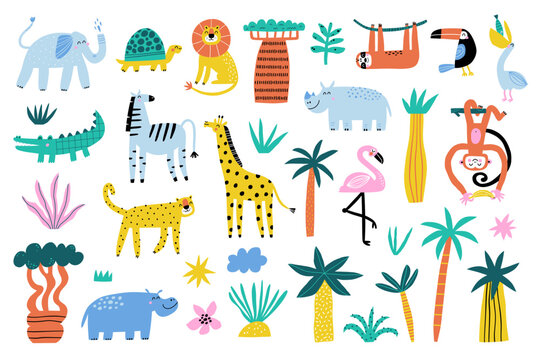 Cute jungle animals set. Childish print for greeting cards, birthday invitation, apparel