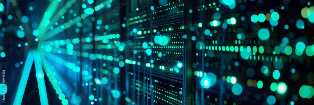 Poster a close-up view of servers in a data center, highlighted by sparkling blue lights, symbolizing cutti