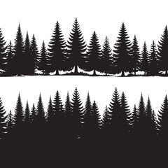 set of silhouettes of pine trees on white background