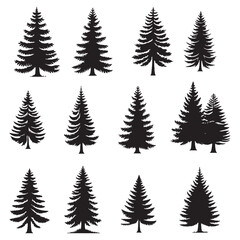 set of silhouettes of pine trees on white background